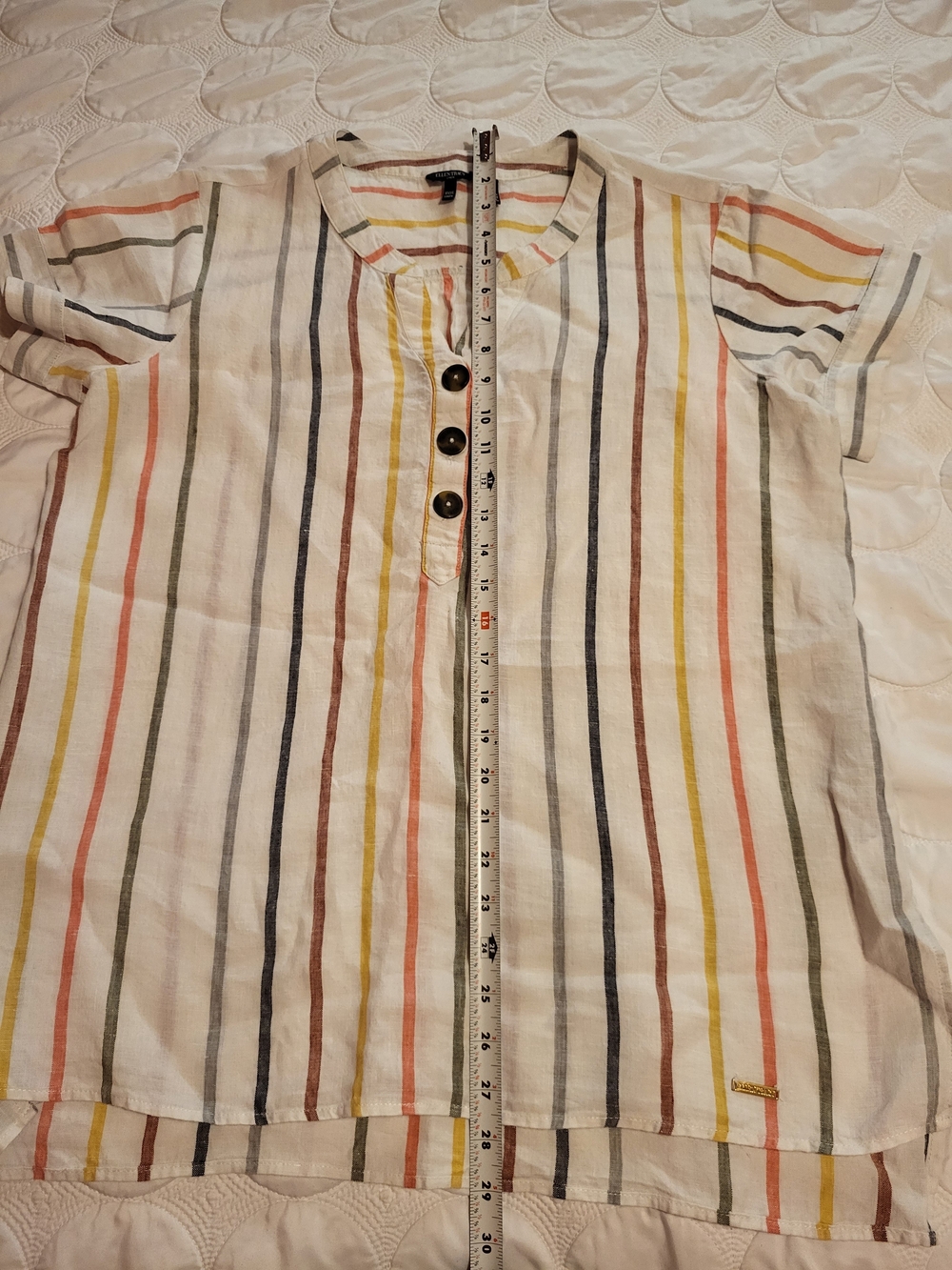 ELLEN TRACY WOMEN'S.    100% Linen Multicolor Stripe Short Sleeve Top
